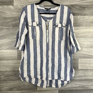 Ellen Tracy Blouse Shirt Womens L Blue White‎ Striped 100% Linen Nautical Sailor
